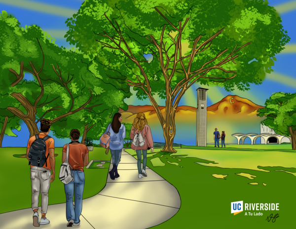 cartoon drawing of students walking on path by the bell tower